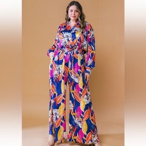 NWT! Floral Print Jumpsuit Long Sleeve Elasticized Waist Wide Leg Pockets